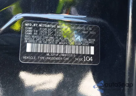 2021 Mitsubishi Mirage G4 Carbonite Edition/Es/Le z USA, uszkodzony, nr VIN ML32FUFJ7MHF07215